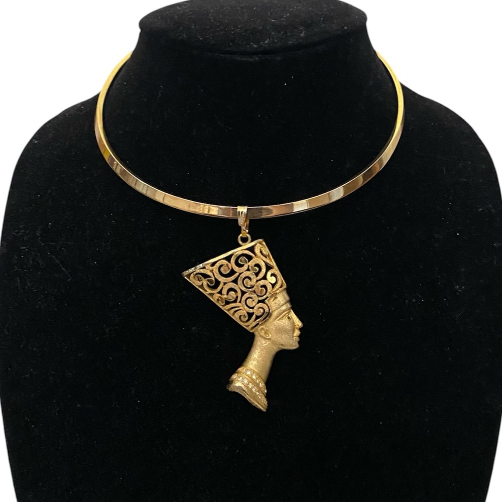 Vintage Nefertiti Goldtone Egyptian Choker Pendant Necklace